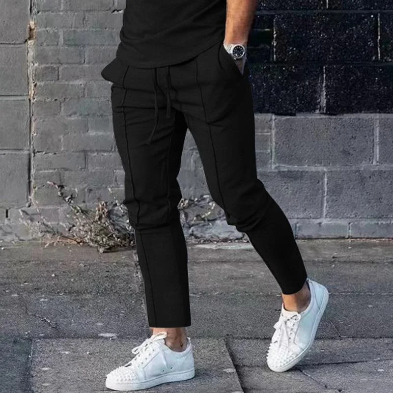 Bonsir  Autumn Sports Casual Pants Men Solid Straight Slim Long Pant Drawstring Mid Waist Tie-up Trousers Mens Fashion Streetwear