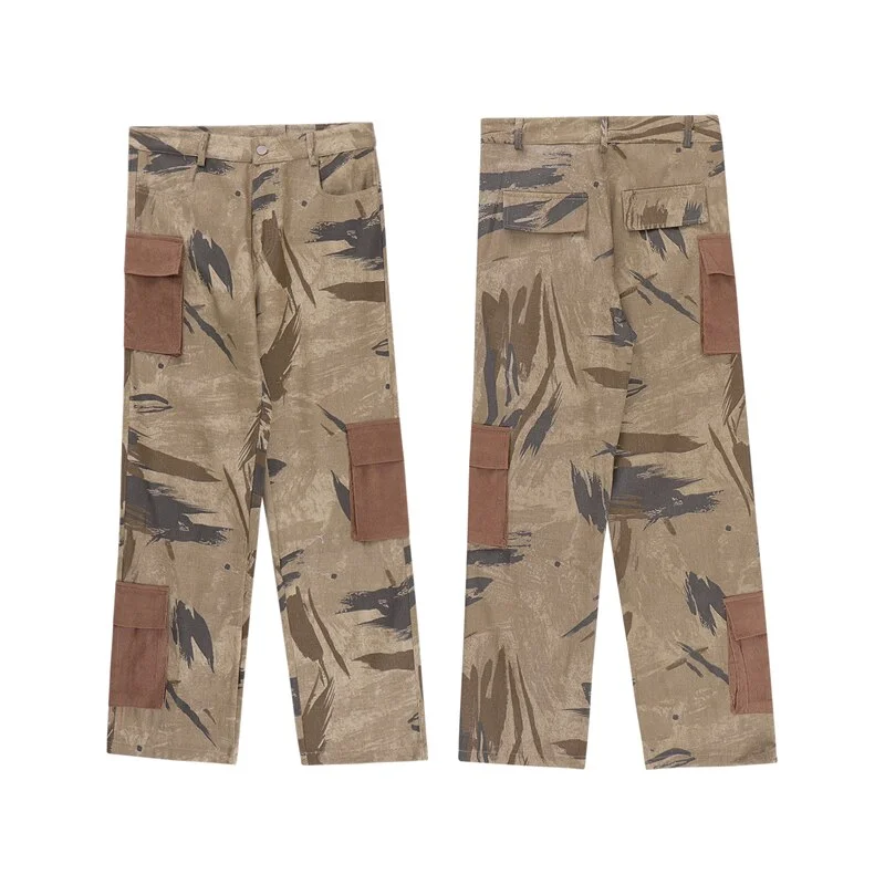 Bonsir High Street Pockets Patchwork Straight Camouflage Men's Cargo Pants Wide Leg Retro Baggy Casual Unisex Oversize Trousers Hip Hop