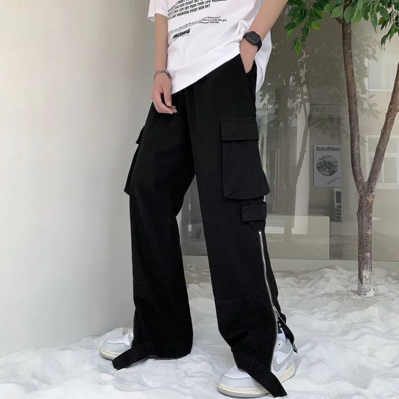 Bonsir Khaki/Black Cargo Pants Men Fashion Pocket Casual Pants Mens Japanese Streetwear Loose Hip Hop Straight Pants Mens Trousers