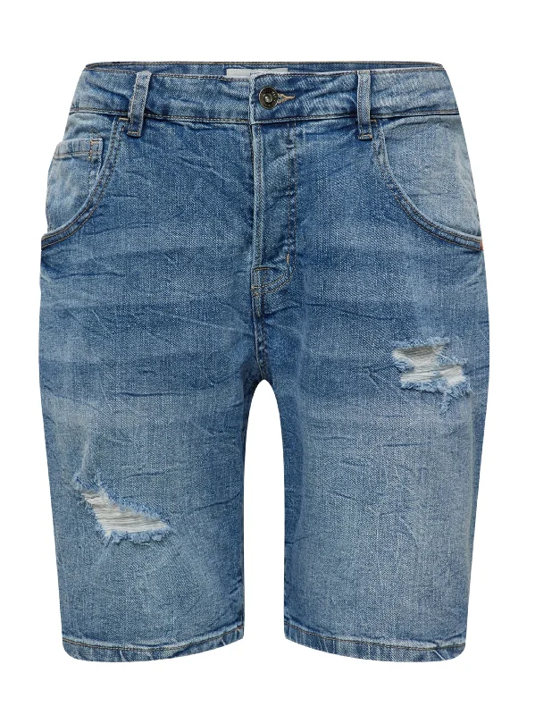 Men's Ripped Washed Denim Short,Blue