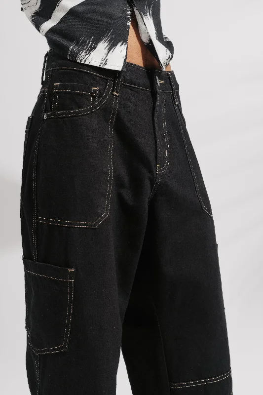 Black Contrast Seam Men's Cargo Jeans