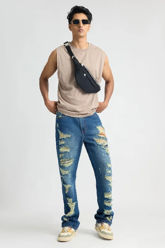 Men's Heavy Distress Blue Straight Jeans