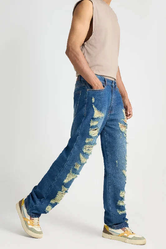 Men's Heavy Distress Blue Straight Jeans