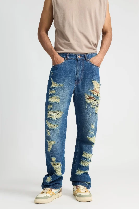 Men's Heavy Distress Blue Straight Jeans