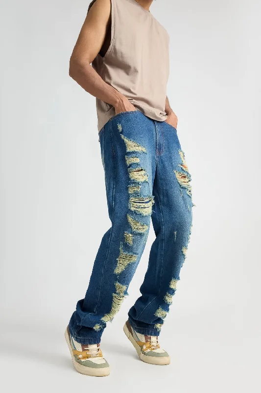 Men's Heavy Distress Blue Straight Jeans