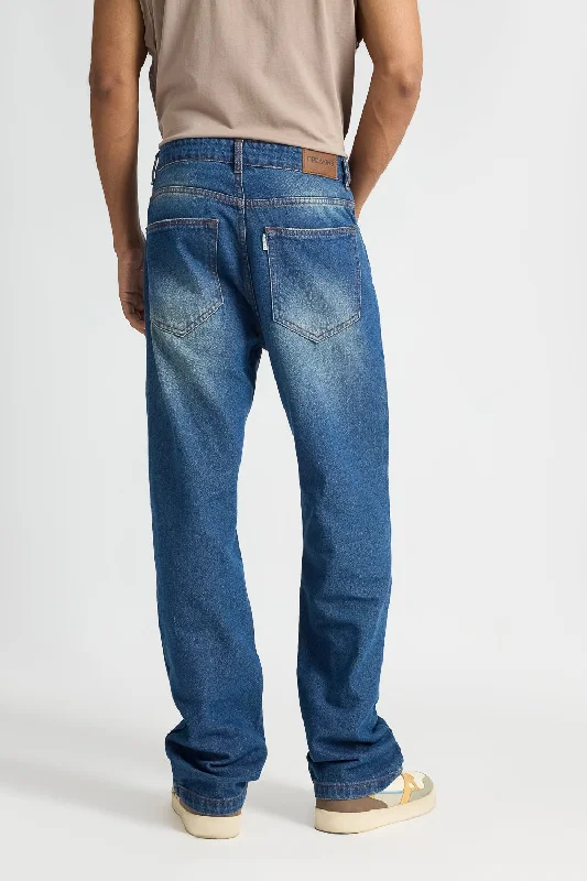 Men's Heavy Distress Blue Straight Jeans