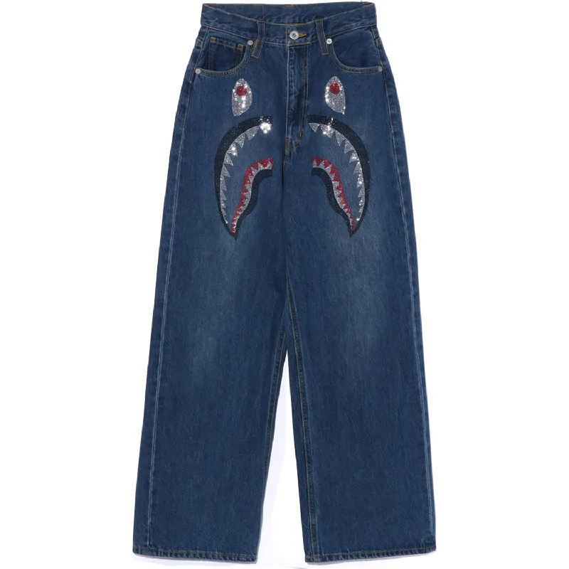 CRYSTAL STONE SHARK HIGH WAIST DENIM PANTS LADIES