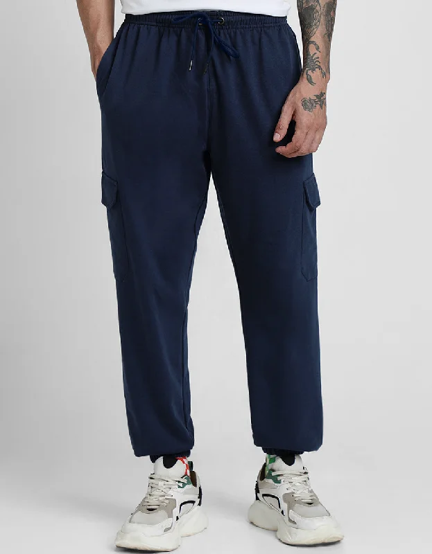 Navy Solid Baggy Fit Cargo Joggers