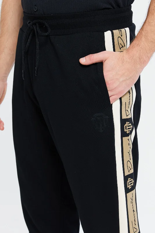 Men Black Joggers With Tape Sides Application