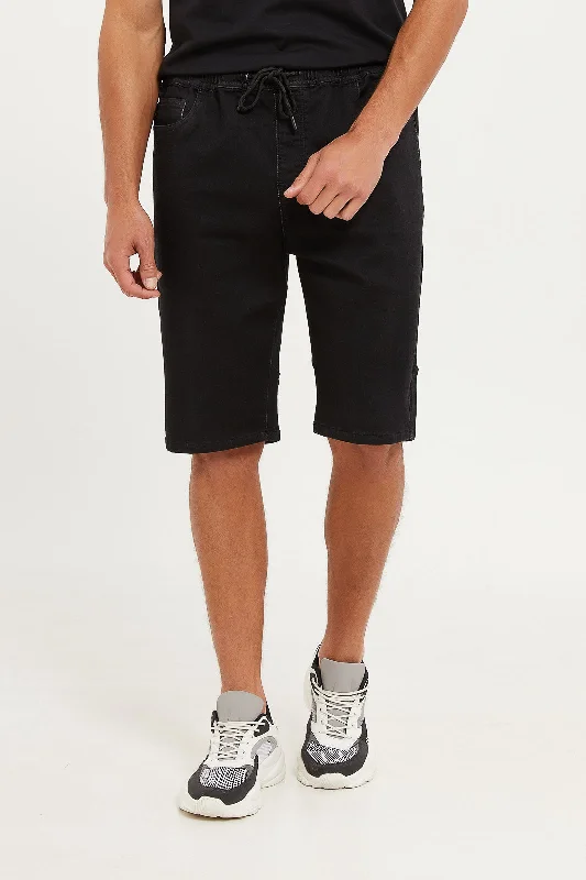 Men Black Denim Pull On Shorts