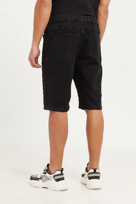 Men Black Denim Pull On Shorts