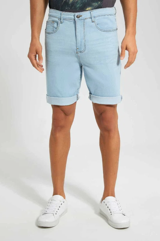 Blue 5 Pockets Knitted Denim Short