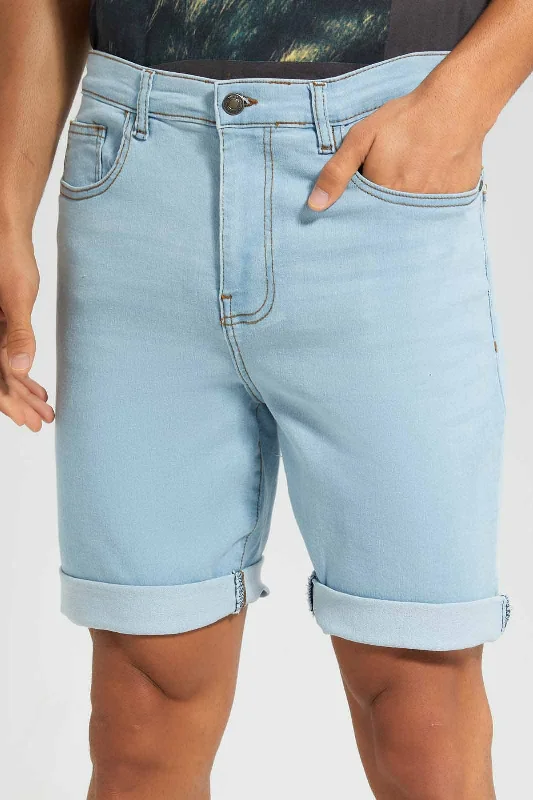 Blue 5 Pockets Knitted Denim Short