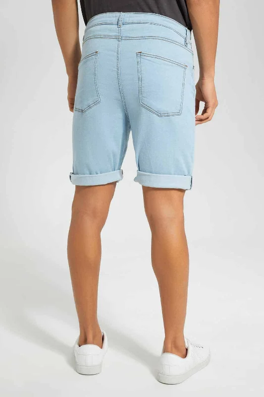 Blue 5 Pockets Knitted Denim Short