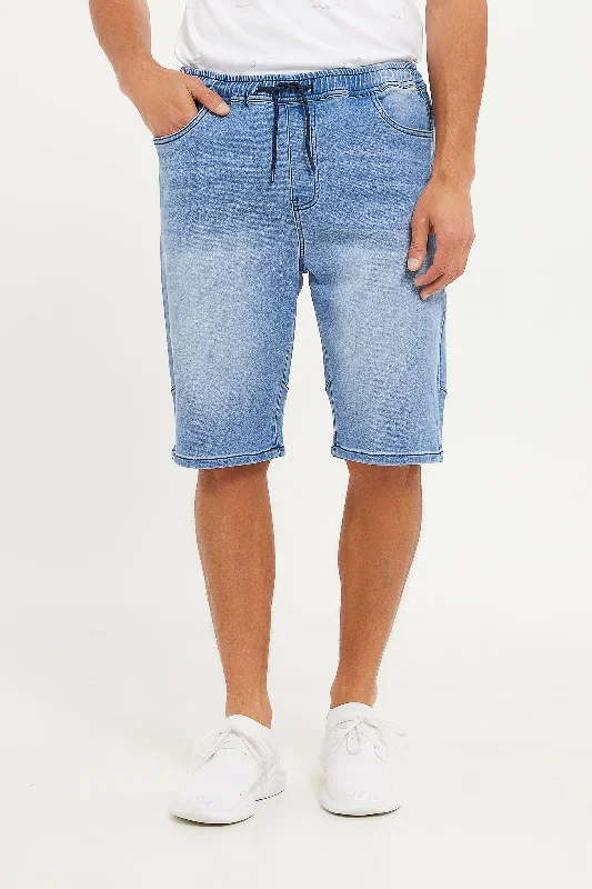 Men Blue Knit Denim Pull-On Shorts