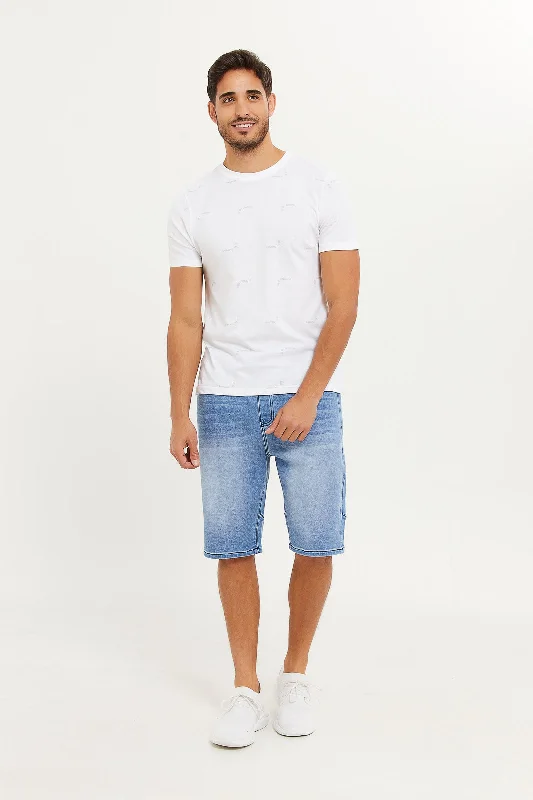 Men Blue Knit Denim Pull-On Shorts