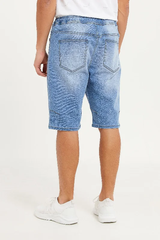 Men Blue Knit Denim Pull-On Shorts