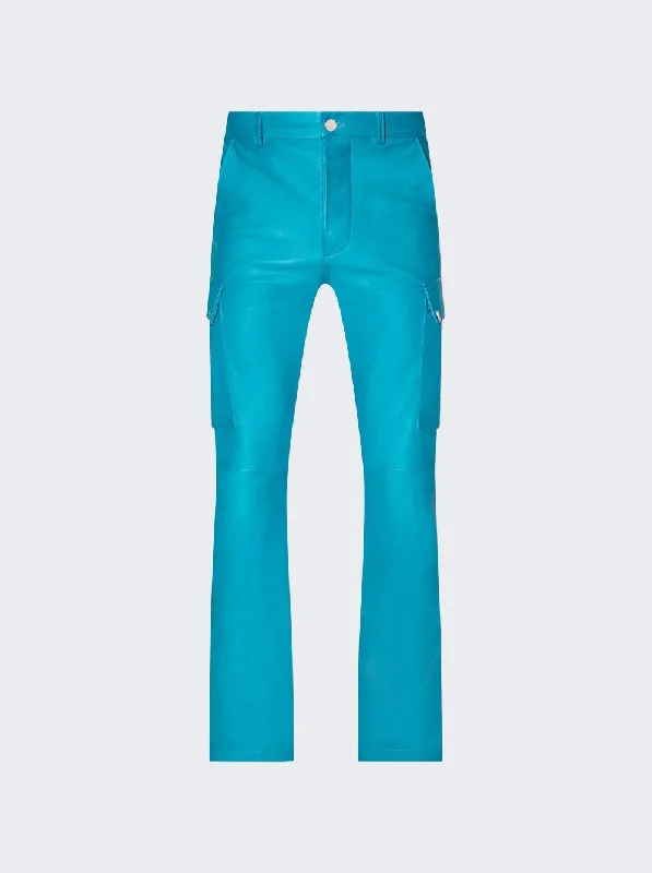 Leather Cargo Flare Pants Teal Blue