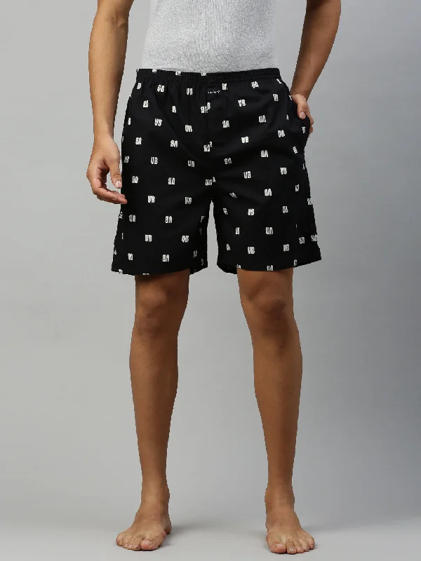 Mens Black Printed Woven Boxer Long WB30