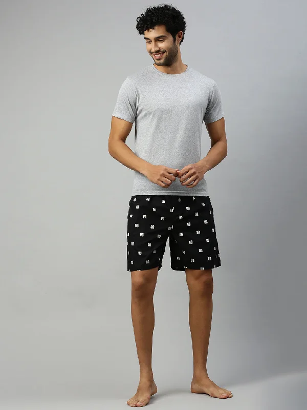 Mens Black Printed Woven Boxer Long WB30