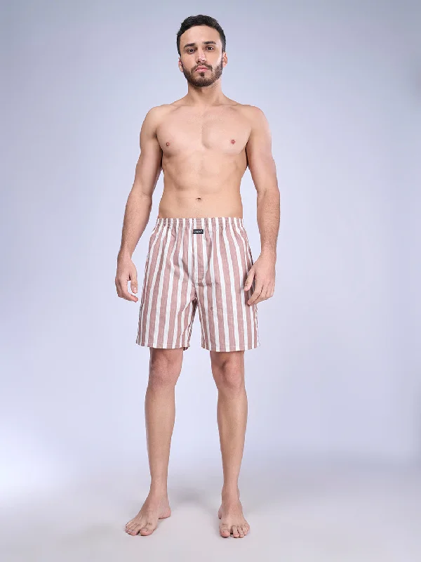 Mens Brown & White Stripe Woven Boxer Long