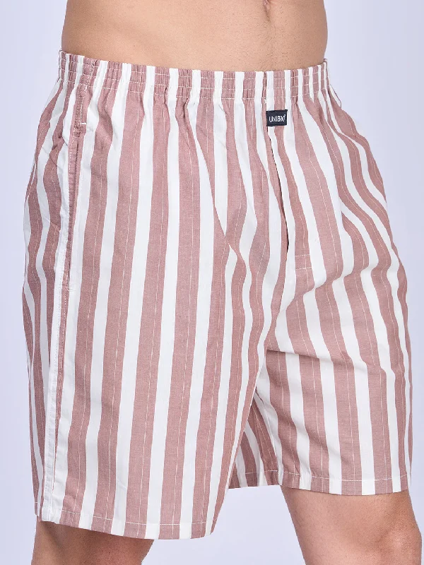 Mens Brown & White Stripe Woven Boxer Long